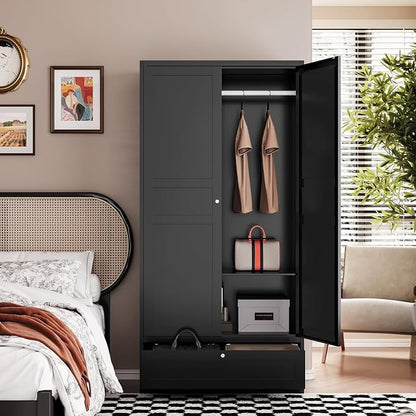 Letaya Metal Wardrobe Cabinets,18" Deep Clothing Storage Cabinet with Doors and Shelves,for Home Room,Fire Department, School, Employee,Gym,Government (Black)