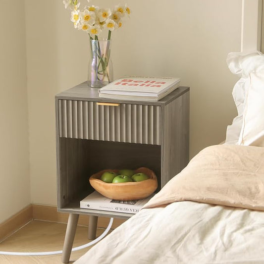 Fultyle Grey Wood Nightstand with Charging Station, Modern Bedside Table with Fluted Drawers and Storage Shelf, End Side Tables Living Room for Bedroom, Office (Grey)