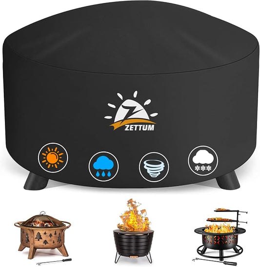 Zettum Fire Pit Cover Round 32 Inch - Outdoor Firepit Cover Heavy Duty & Waterproof, 600D Patio Fire Table Cover Gas Fire Pit Accessories Fade & Weather Resistant - 32 x 32 x 16 Inch