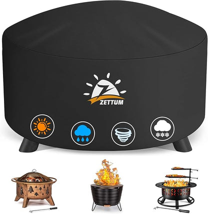 Zettum Fire Pit Cover Round 40 Inch - Outdoor Firepit Cover Heavy Duty & Waterproof, 600D Patio Fire Table Cover Gas Fire Pit Accessories Fade & Weather Resistant - 40 x 40 x 20 Inch