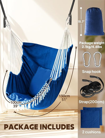 Chihee Hammock Chair Hanging Swing 2 Pillows Included,Strong Webbing Straps and Hooks for Easy Hanging Soft Cotton Hanging Chair Side Pocket Tassel Chair Comfort Indoor Outdoor Royal Blue