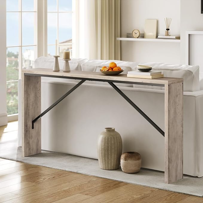 MAHANCRIS Console Table, 62.2" Long Sofa Table Behind Couch, Narrow Entryway Table, Farmhouse Dining Table with Angled Metal Frame, Industrial Console Table for Entryway, Greige CTHG15801