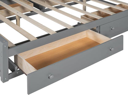 Merax Queen Size Wooden Bed with All-in-One Cabinet, Gray Platform Bed Frame with 4 Drawers, Shelf and Sockets