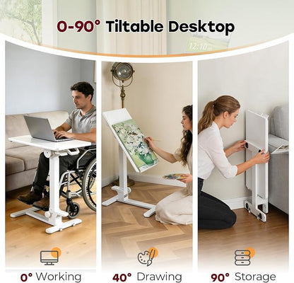 Foldable Mobile Standing Desk, 27 Inch Small Rolling Laptop Cart Height Adjustment, 90° Tiltable Bedside Table, No Assembly Needed Portable Computer Workstation, White
