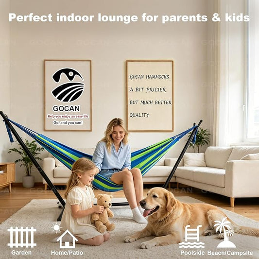 GOCAN Brazilian Double Hammock 2 Person Extra Large 220x160cm Total Length 330cm Load 500lb Canvas Cotton Hammock for Patio Porch Garden Backyard Lounging Outdoor and Indoor(Blue/Green) XXL