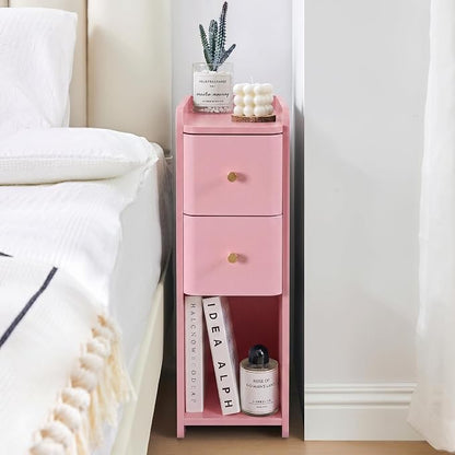Pink Narrow Nightstand, Wooden Small 2 Drawer Nightstand, Slim Side End Table, Skinny Bedside Table, Mid Century Modern Night Stand with Drawers, for Living Room (Pink-1 pc)