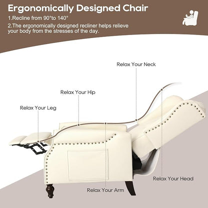 Wingback Recliner Chair with Massage and Heat, Tufted PU Leather Push Back Arm Chair for Living Room Vintage Recliner Chair with Remote Control, Padded Cushion, Backrest (Beige-pu)