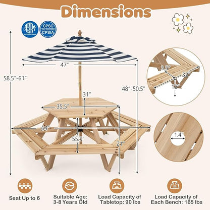 Costzon Kids Picnic Table, Hexagonal Wooden Toddler Outdoor Table and Bench Set with Removable Umbrella, Kids Outdoor Furniture for Patio Lawn Garden Backyard, Seats Up to 6 Children Age 3+ (Natural)