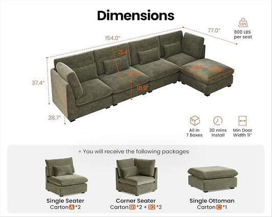 154" Oversized Chenille Couch Modular Sectional Sofa, Washable Cloud Couch Sectional with Ottoman, 5 Seater Sectional Couches for Living Room, Fully Cover Removable, L Shaped, Chenille, Green