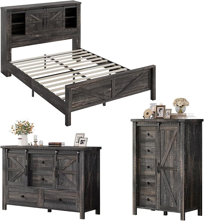 AMERLIFE 3-Piece Farmhouse Bedroom Set, Full Size Bed with Sliding Barn Doors & Bookcase Headboard, 5-Drawer Tall Dresser, 4-Drawer Wide Dresser, Black Oak