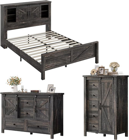AMERLIFE 3-Piece Farmhouse Bedroom Set, Full Size Bed with Sliding Barn Doors & Bookcase Headboard, 5-Drawer Tall Dresser, 4-Drawer Wide Dresser, Black Oak