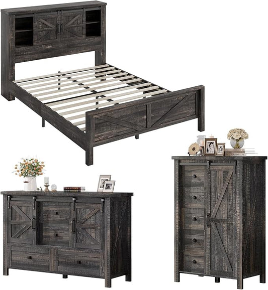AMERLIFE 3-Piece Farmhouse Bedroom Set, Full Size Bed with Sliding Barn Doors & Bookcase Headboard, 5-Drawer Tall Dresser, 4-Drawer Wide Dresser, Black Oak