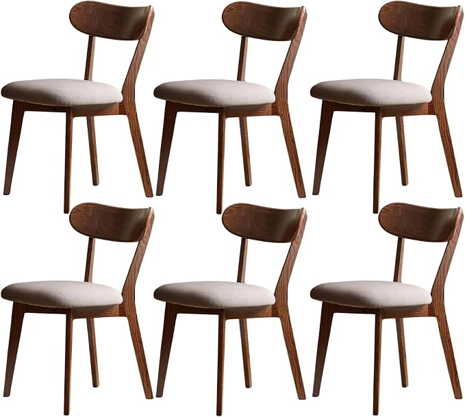 100% Solid Wood Dining Chairs,Mid Century Modern Dining Chairs with Rounded Backrest,Kitchen,Dining Room Chairs Set of 1/2/4 (6, Walnut Color Grey Upholstery)