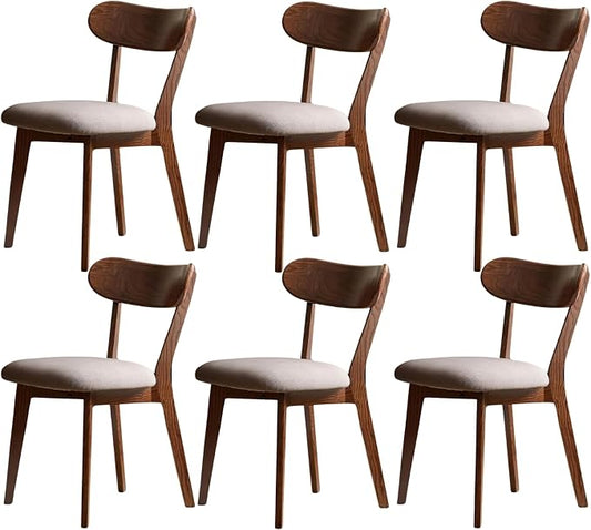 100% Solid Wood Dining Chairs,Mid Century Modern Dining Chairs with Rounded Backrest,Kitchen,Dining Room Chairs Set of 1/2/4 (6, Walnut Color Grey Upholstery)