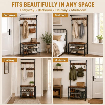 Simple Deluxe 4-in-1 Entryway Coat Rack, Hall Tree with Bench and Shoe Storage, Mudroom Bench with Storage and 10 Hooks Hall Tree Organizer for Entryway, Bedroom, Brown