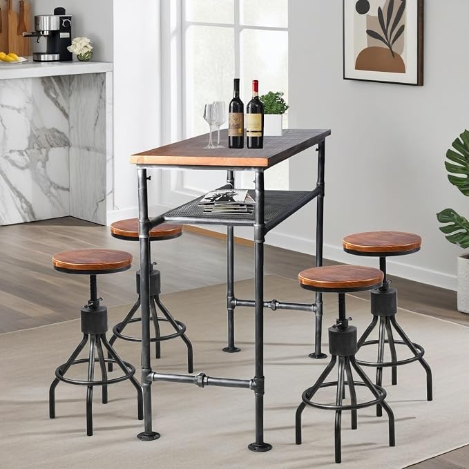 41.3inch Height Industrial Bar Table Rustic Metal Pipe Wood Design Farmhouse Bistro Pub Table Vintage Office Computer Desk Meeting for 4-5 peoplle 2 Tier Storage