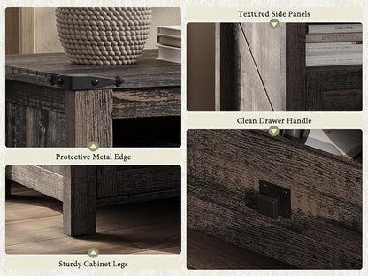 AMERLIFE 3-Piece Farmhouse Bedroom Furniture Set with Storage Cabinet and 2 Nightstands, Sliding Barn Door Wood Cabinet Set for Bedroom, Entryway, Black Oak