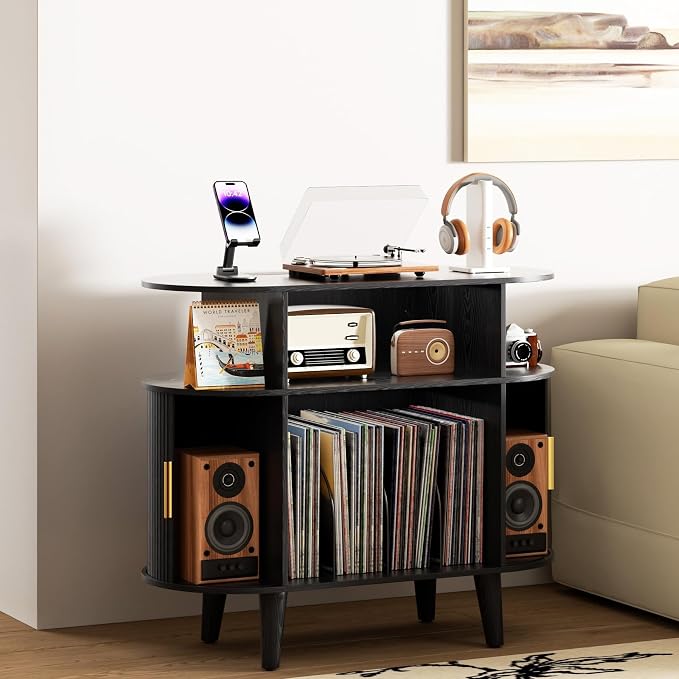 LUVIOHOME Large Round Record Player Stand with Charging Station & USB Ports，Record Storage Cabinet, Mid Century Modern Turntable Stand for Bedroom Living Room (Small Black)