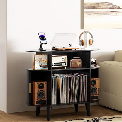 LUVIOHOME Large Round Record Player Stand with Charging Station & USB Ports，Record Storage Cabinet, Mid Century Modern Turntable Stand for Bedroom Living Room (Small Black)