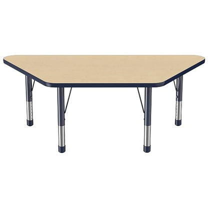 FDP Trapezoid Activity School and Classroom Kids Table (30 x 60 inch), Chunky Toddler Legs for Collaborative Seating Environments, Adjustable Height 15-24 inches - Maple Top and Navy Edge