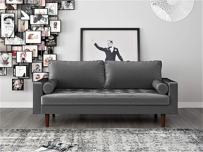 Container Furniture Direct Womble Mid Century Modern Velvet Upholstered Tufted Seat with Bolster Pillows, Sofa, Grey