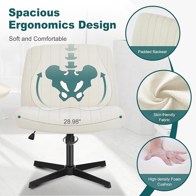 OLIXIS Criss Cross Legged Chairs Armless No Wheels Wide Seat Height Adjustable Swivel Padded Fabric Home Office Desk Chair for Bedroom, Student, Study Room,Beige
