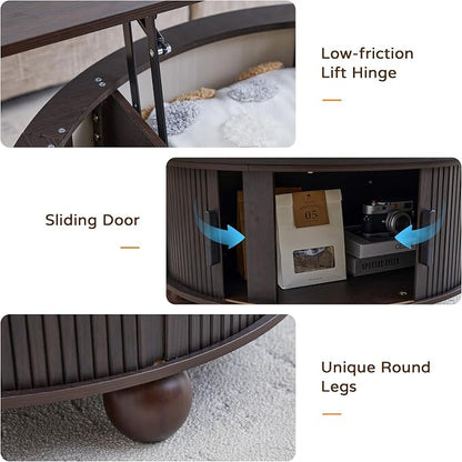 Round Lift Top Coffee Table with Hidden Storage, 33.5'' Mid-Century Fluted Coffee Table with Sliding Tambour Door Solid Wood Legs, Circle Center Table for Living Room, Small Space (Smoked Dark Brown)