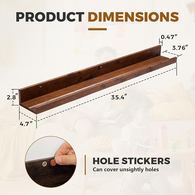 Muzilife 35.4" Large Floating Wall Ledge Shelves with Lip - Set of 2 Rustic Wood Floating Shelves - Honey Brown Wall Mounted Picture Ledge for Office, Bathroom, Bedroom, Living Room, Kitchen