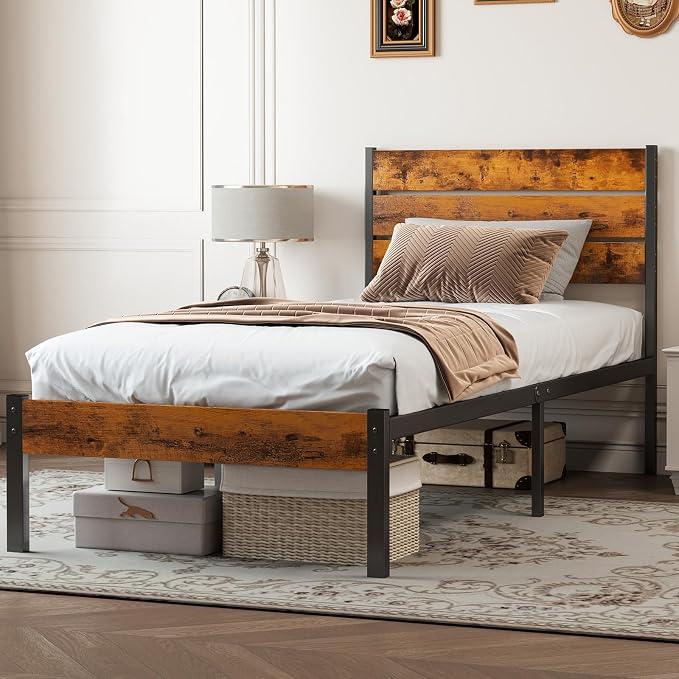 OLIXIS Twin Platform Bed Frame with Wooden Headboard and Footboard, Heavy Duty Metal Slat Mattress Base, 500 LBS Weight Capacity, Sturdy Stable Structure, No Box Spring Needed, Quick Simple Assembly