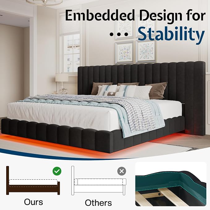 Jocisland King Size Bed Frame with 100" Wide Upholstered Headboard, Modern Velvet Floating Platform with LED Lights Underneath, No Box Spring Needed, Black