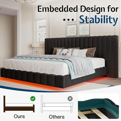 Jocisland King Size Bed Frame with 100" Wide Upholstered Headboard, Modern Velvet Floating Platform with LED Lights Underneath, No Box Spring Needed, Black