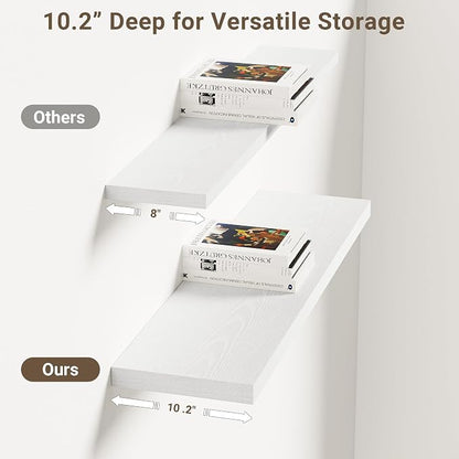 Vivelove 10 in Deep Floating Shelves for Wall, 30" x 10.2" x 1.5" Shelves for Room Wall Mounted, 1.5 Inch Thick Shelf for Bathroom Bedroom Kitchen Book Room, Modern Farmhouse Decor, Set of 2, White