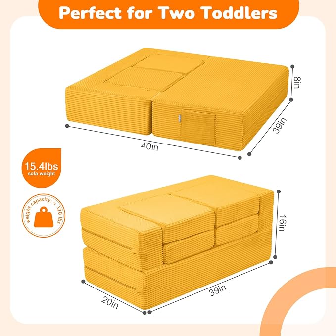 MeMoreCool Modular Kids Couch, Corduroy Play Toddler Couch for Bedroom Playroom Furniture, Convertible Foam Kids Sofa Bed, Fold Out Baby Sofa for Girl Boy, Yellow