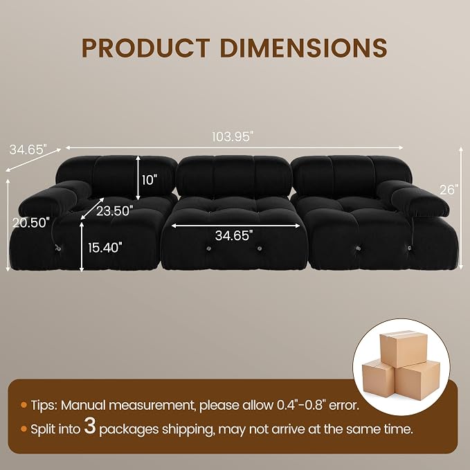 Convertible Modular Sectional Sofa, Modern Velvet Straight 3-Seater Couch for Living Room, Apartment (104 in/Black)