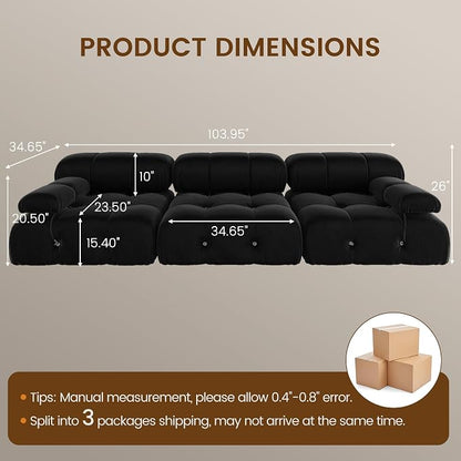 Convertible Modular Sectional Sofa, Modern Velvet Straight 3-Seater Couch for Living Room, Apartment (104 in/Black)