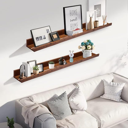Muzilife 45.3" Large Floating Wall Ledge Shelves with Lip - Set of 2 Rustic Wood Floating Shelves - Honey Wall Mounted Picture Ledge for Office, Bathroom, Bedroom, Living Room, Kitchen