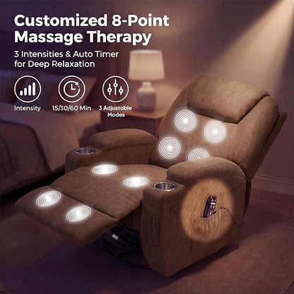 JUMMICO Small Swivel Rocker Recliner, 360 Rocking Chair Recliner with Massage, Upholstered Fabric Rocker Recliner with Cup Holder for Living Room, Bedroom, Nursery (Brown)