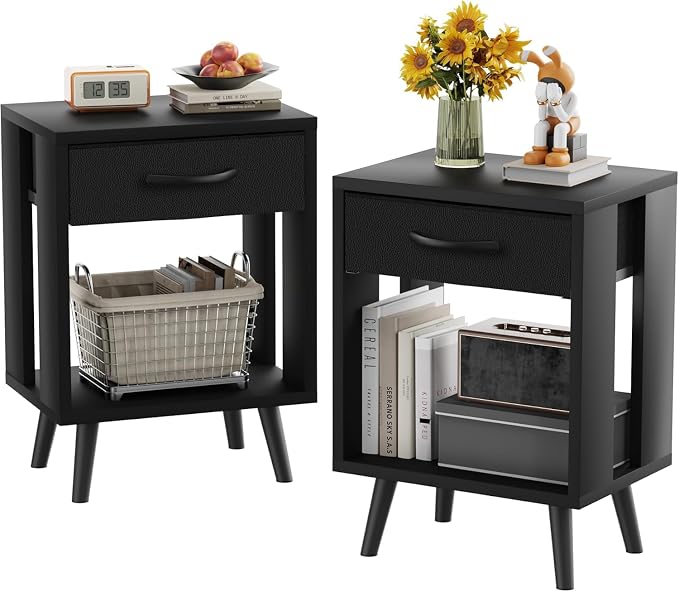 GYIIYUO 24" H Nightstands Set of 2 with Fabric Drawer, Black | Open Wood Shelf, Side Table with Storage for Bedroom, Spacious 15.7"L x 11.8"W x 24"H Top Fits Lamp + Books, Stable Frame