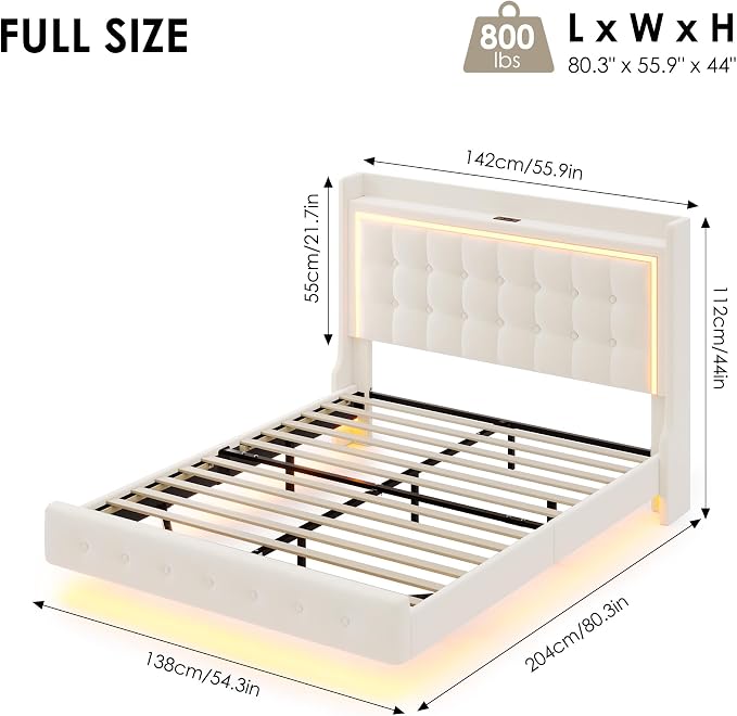 Keyluv Full Floating Bed Frame with Storage Headboard, LED Lights & Charging Station Platform Bed, Soft Upholstered Velvet, USB/Type-C Ports, Easy Assembly, Beige