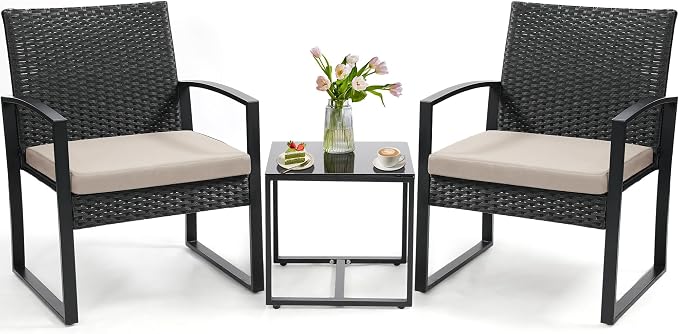 3 Piece Outdoor Wicker Bistro Set, Rattan Patio Conversation Set with Coffee Table & Washable Cushions for Porch Yard Balcony, Black/Beige