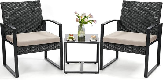 3 Piece Outdoor Wicker Bistro Set, Rattan Patio Conversation Set with Coffee Table & Washable Cushions for Porch Yard Balcony, Black/Beige
