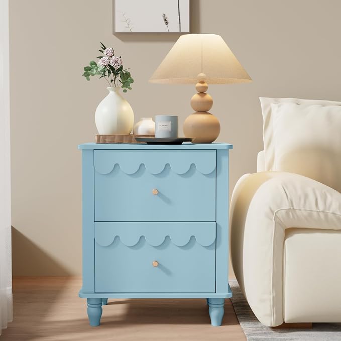 Anbuy Blue Nightstand Set of 2 with Petal Pattern, Modern Night Stand Set 2 with 2 Drawers for Bedroom, Side End Table Scalloped Bedside Night Tables with Solid Wood Legs