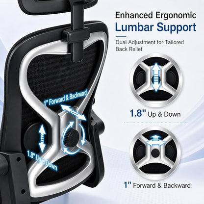 Home Office Desk Chairs, Ergonomic Office Chair with Lumbar Support & 3D Headrest, Computer Desk Chair with Flip-up Armrests, Perfect for Office or Study, Black/Silver