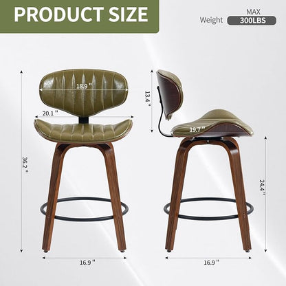 Modern Bar Stools Set of 3, 24 inch PU Leather Wooden Bentwood Barstools Counter Height Swivel Breakfast Bar Chair with Backrest Footrest for Kitchen Island, Dining Room D035-Olive Green-3