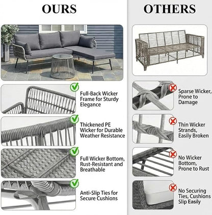Bezseller 3-Piece Outdoor Patio Furniture Set, L-Shaped Rattan Sectional Sofa with Thick Cushions, Glass Coffee Table – All-Weather Conversation Set for Backyard, Porch, Poolside