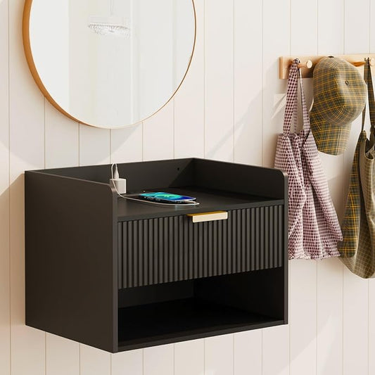 Arbuxzuy Floating Nightstand with Charging Station, Modern Wall Mounted Bedside Table with Drawer & Open Shelf, Minimalist Wooden Night Stand for Bedroom (Black)
