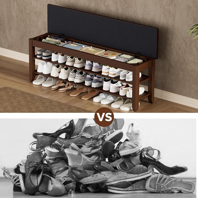 Homleke 2-Tier Solid Wood Shoe Rack Bench with Flip-Top Storage | Entryway Bench with Cushion, Adjustable Shelf, Holds Up to 12 Pairs, for Hallway, Bedroom and Closet, Walnut, 47.2 Inch
