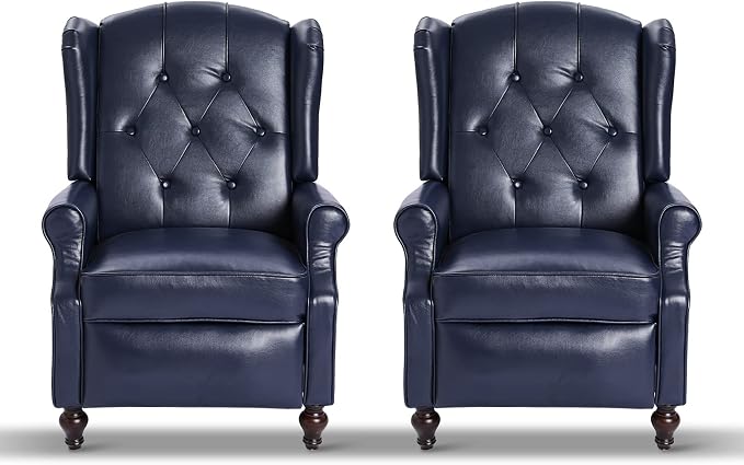Wingback Recliner Chair with Massage and Heat PU Leather Push Back Arm Chair, Recliner Chair for Living Room Bedroom Home Theater (2, Navy Blue)