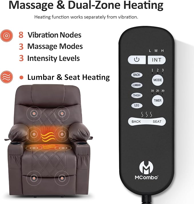 MCombo Small Power Lift Recliner Chair Sofa with Massage and Dual Heating, Adjustable Headrest for Elderly People Petite, USB Ports, 7111 (Single Motor, Dark Coffee)