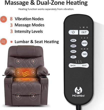 MCombo Small Power Lift Recliner Chair Sofa with Massage and Dual Heating, Adjustable Headrest for Elderly People Petite, USB Ports, 7111 (Single Motor, Dark Coffee)
